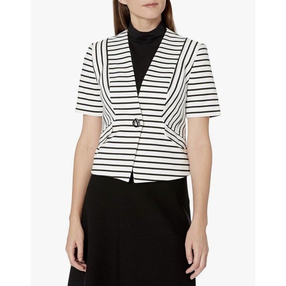 Nine West Women's Stripe Ponte Blazer  1 Button Notch Collar  Black White Size 8